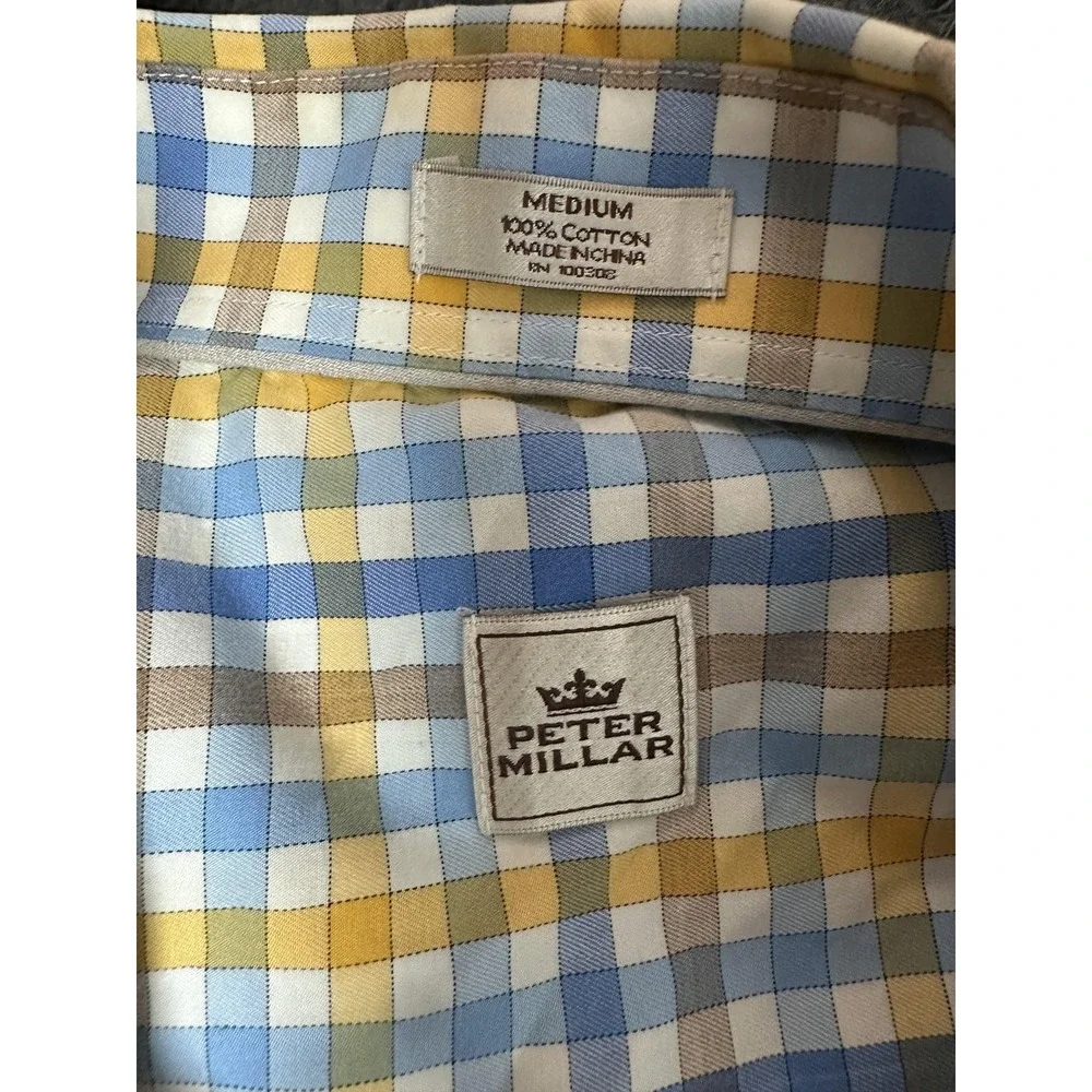 Peter Millar Shirt Mens Medium Blue Yellow Plaid Check Button Down Short‎ Sleeve